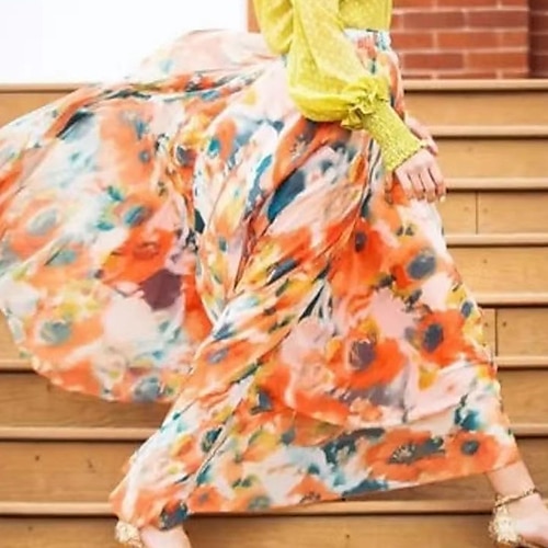 

Women's Skirt Swing Maxi Polyester Violet Yellow Orange Skirts Summer Pleated Print Fashion Casual Street Daily S M L