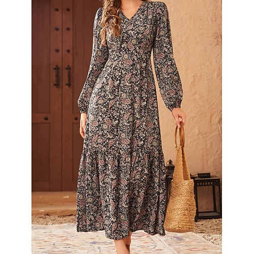 

Damen Lässiges Kleid A Linie Kleid Kleid drucken Blumen Bedruckt V Ausschnitt kleid lang Aktiv Modisch Outdoor Strasse Langarm Regular Fit Schwarz Herbst Winter S M L XL XXL