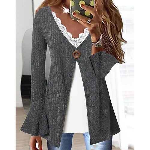 

Mujer Camisa Blusa Gris Plano Botón Ajuste de encaje Manga Larga Casual Moda Diario Básico Escote en Pico Ajuste regular Otoño invierno