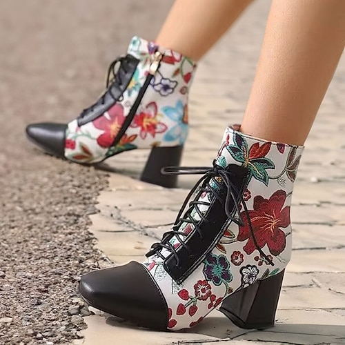 

Damen Stiefel Vintage-Schuhe Schuhe drucken Halloween Täglich Blockabsatz Runde Zehe Urlaub Elegant Brautkleider schlicht Kunstleder Schnürsenkel Blumen Galaxis Farbblock Schwarz Weiß