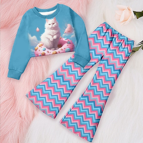 

Rosafarbenes Sweatshirt- und Hosen-Bekleidungsset für Mädchen, lange Ärmel, grafische geometrische Katze, 3D-Druck, aktive Mode, Alltag, Polyester, Outdoor, Date, Urlaub, Kinder, Rundhalsausschnitt, Druck, 3–12 Jahre, 3D-gedruckte Grafik, normale Passform