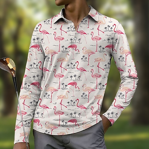 

Herren poloshirt Golfhemd Geknöpftes Poloshirt Atmungsaktiv Schnelltrocknend Feuchtigkeitsableitung Langarm Golfbekleidung Golfkleidung Regular Fit Flamingo Frühling Herbst Tennis Golfspiel Pickleball