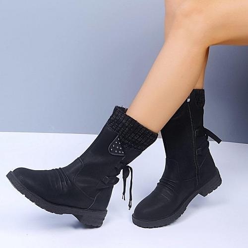 Women's Boots Snow Boots Combat Boots Sweater Boots Outdoor Daily Mid Calf  Boots Winter Lace-up Flat Heel Round Toe Vintage Casual Faux Leather Zipper  Black Red Blue 2024 - $29.99