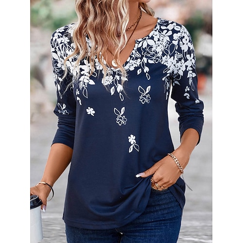 

Damen T Shirt Blau Blumen Taste Bedruckt Langarm Festtage Wochenende Täglich Basic V Ausschnitt Regular Fit Blume Farbe Herbst Winter