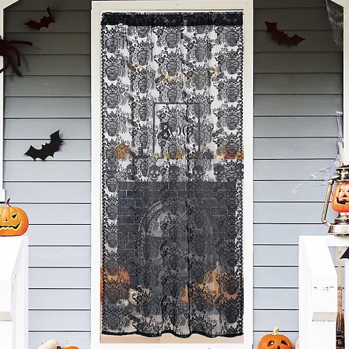 

halloween decor curtains for door window kitchen with spider web bats witch skull halloween window curtain, black lace door curtain panel decor for halloween window decorations