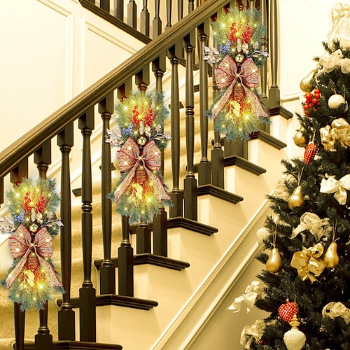 

Decoración de Navidad, adorno de escalera preiluminado inalámbrico, coronas de Navidad para puerta de entrada, adornos colgantes de ventana de pared de vacaciones para interior y exterior, decoración