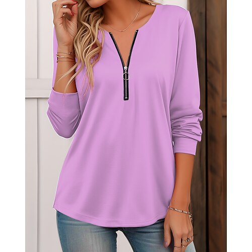 

Femme T shirt Tee Blanche Bleu Violet Plein Quarter Zip manche longue du quotidien Fin de semaine basique Col V