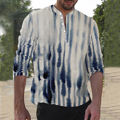 

Hombre Camisa camisa de lino Tie-dye Escote Chino Azul Piscina Exterior Calle Manga Larga Estampado Ropa Lino Moda Ropa de calle Design Casual