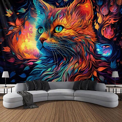 

Painting Cat Blacklight Tapestry UV Reactive Glow in the Dark Trippy Misty Animal Landscape Hanging Tapestry Wall Art Mural for Living Room Bedroom