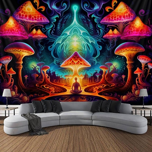 

Tapiz de luz negra UV reactivo que brilla en la oscuridad meditación boho trippy misty seta naturaleza paisaje colgante tapiz pared arte mural para sala de estar dormitorio