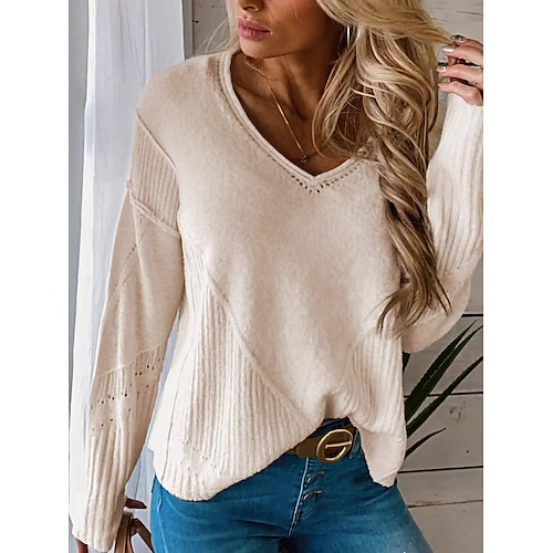 

Women's Pullover Sweater Jumper Jumper Ribbed Knit Oversized Solid Color V Neck Stylish Casual Outdoor Daily Fall Winter Black White S M L