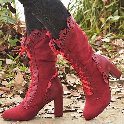 

Mujer Botas Tallas Grandes Botas con cordones Exterior Diario Botas a media pierna Invierno Tacón alto Tacón Cuadrado Dedo Puntiagudo Elegante Sensual Satén Cordones Color sólido Negro Rojo Marrón