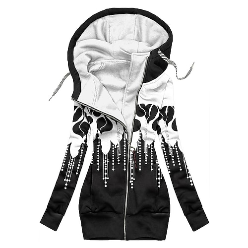 

Women's Hoodied Jacket Causal Zipper Flower Comfortable Fashion Regular Fit Outerwear Long Sleeve Fall Black And White S