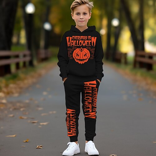 

Chico Sudadera con capucha y Pantalones Conjuntodesudaderaconcapucha Conjunto de Ropa Manga Larga Letra Calabaza Impresión 3d Activo Moda Fresco Poliéster Exterior Calle Vacaciones Niños Estampado