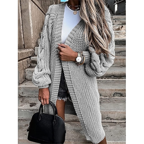 

Women's Cardigan Sweater Jumper Cable Knit Long Oversized Solid Color V Neck Stylish Casual Outdoor Going out Fall Winter Black Blue S M L