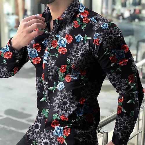 

Homme Chemise Floral Imprimés Photos Col rabattu Noir bleu marine Extérieur Plein Air manche longue Imprimer Vêtement Tenue Mode Vêtement de rue Design Décontractées