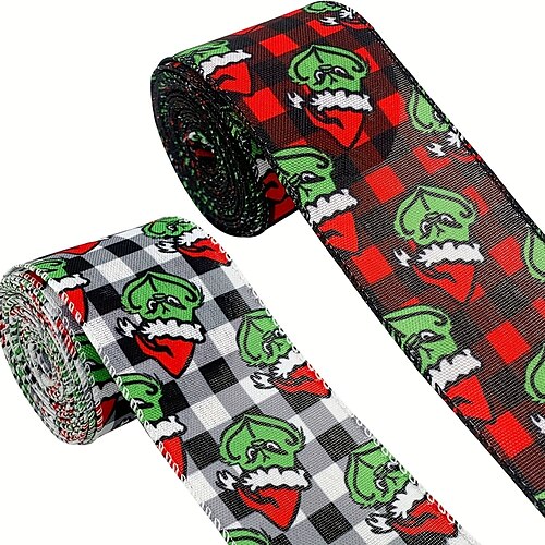 

1 Rolle 2,5 Zoll breit, 5 Yards Weihnachtsgrinch-Bänder mit Drahtrand, Büffelkaro, bedrucktes Band für DIY-Weihnachtskränze, Schleifen, Verpackung, Geschenk, Basteln, Dekoration