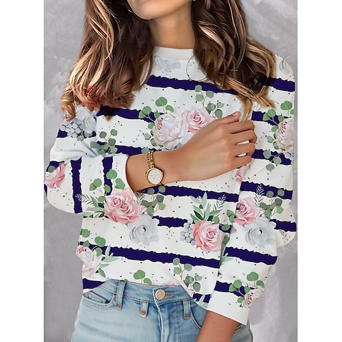 

Women's Sweatshirt Pullover Vintage Sports Basic White Blue Green Floral Striped Street Round Neck Long Sleeve Top Micro-elastic Fall Winter