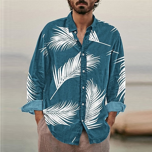 

Homens Camisa Social Bloco de cor Flamingo Estampas Abstratas Folhas Aberto para a Lateral Branco Rosa Azul Marinha Azul Real Azul Ao ar livre Rua Manga Longa Imprimir Roupa Moda Roupa de rua