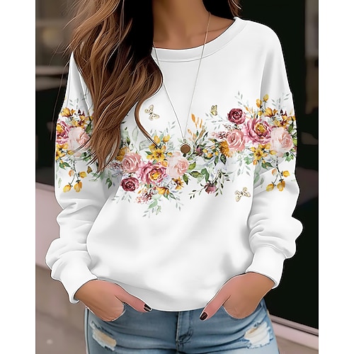 

Femme Sweat shirt Sweat Sportif basique Blanche Rouge Bleu Floral Chat Plein Air Col Rond manche longue haut Micro-élastique Automne hiver