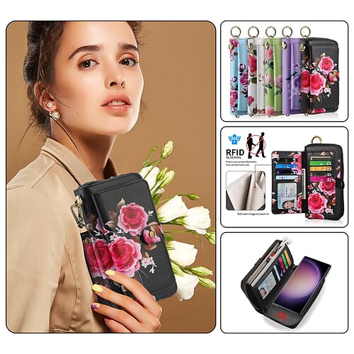 

Handy Hülle Handyhüllen Für Samsung Galaxy S23 Ultra Plus S22 Note 20 Ultra Brieftasche Kartenetui Mit Magsafe Abnehmbar Reisverschluss Anti-Diebstahl Blume TPU PU-Leder