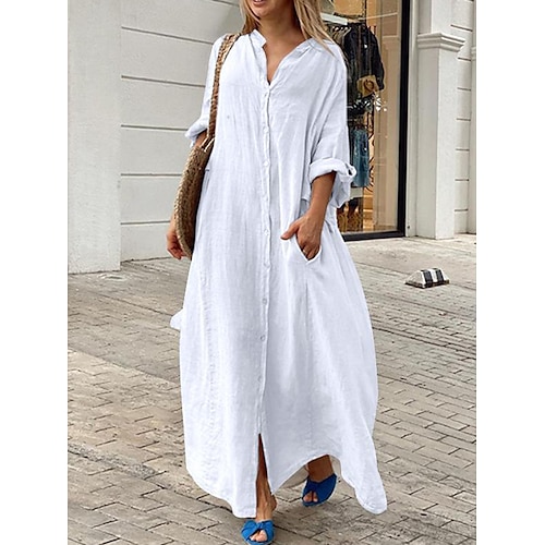 

Mulheres Vestido branco Vestido preto Vestido casual Vestido maxi longo Botão Bolsos Clássico Casual Diário Férias Colarinho Chinês Manga Longa Outono Preto Branco Tecido