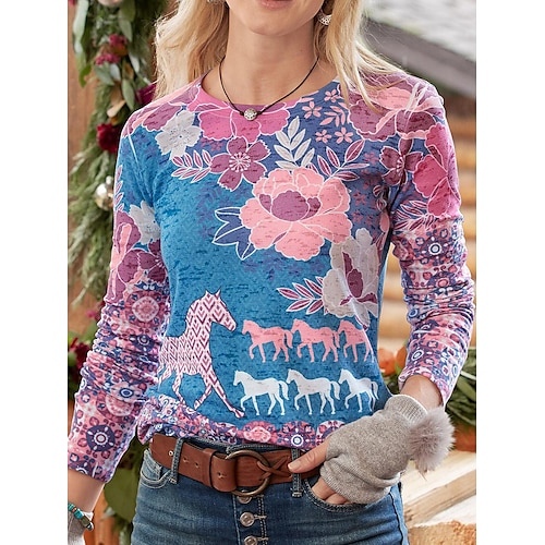 

Femme T shirt Tee Rose Claire Bleu Vert Animal Floral Imprimer manche longue du quotidien Fin de semaine du quotidien basique Col Rond Standard Fleur Peinture Automne hiver