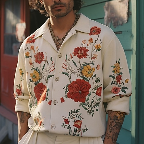 

Homens Camisa Social Floral Estampas Abstratas colar cubano Amarelo Vermelho Azul Real Azul Ao ar livre Rua Manga Longa Imprimir Roupa Moda Designer Casual Respirável
