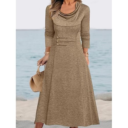 

Women's Casual Dress Plain Dress Midi Dress Button Pocket Outdoor Daily Vacation Fashion Modern Cowl Neck Long Sleeve 2023 Regular Fit Black Blue Camel Color S M L XL XXL Size