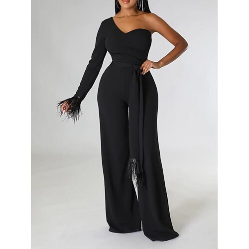 

Damen Jumpsuit mit Schnürung Quaste Feste Farbe Ein-Schulter Geschäftlich Elegant B¨¹ro Arbeit Breites Bein Schlank Langarm Schwarz Weiß Rote S M L XL Herbst