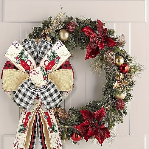 

1 peça topper de árvore de natal búfalo xadrez topper de árvore arco com serpentinas de caminhão vermelho artesanal rústico fazenda topper de árvore para decorações de casa de férias de árvore de