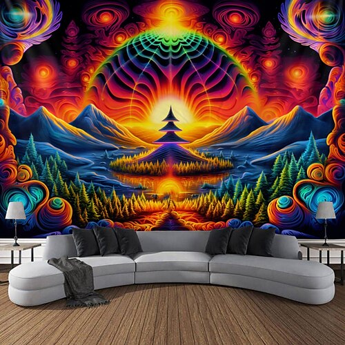 

Tapeçaria de luz negra brilho reativo uv no escuro trippy enevoado natureza paisagem tapeçaria pendurada mural de arte de parede para sala de estar quarto