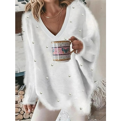 

Women's Pullover Sweater Jumper V Neck Ribbed Knit Polyester Oversized Fall Winter Outdoor Daily Going out Stylish Casual Soft Long Sleeve Solid Color White Pink Red S M L
