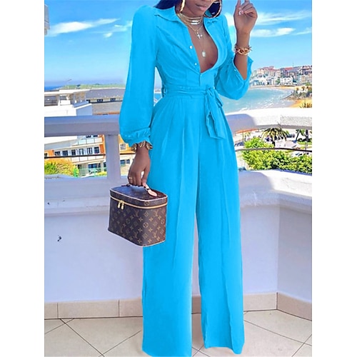 

Damen Jumpsuit mit Schnürung Tasche Feste Farbe Hemdkragen Geschäftlich Elegant B¨¹ro Arbeit Regular Fit Langarm Blau S M L XL Frühling