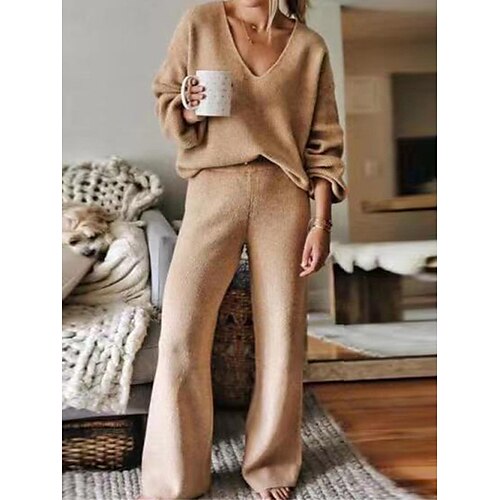 

Mujer Conjunto de suéter Puente Estriado Tejer De Gran Tamaño Color sólido Escote en Pico Elegante Casual Exterior Hogar Otoño Invierno Negro Café S M L