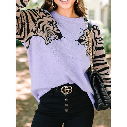 

Mulheres Pulôver suéter Saltador Estriado Tricotar Padrão Patchwork Animal Gola Redonda à moda Casual Diário Para Noite Outono Inverno Roxo Bege S M L