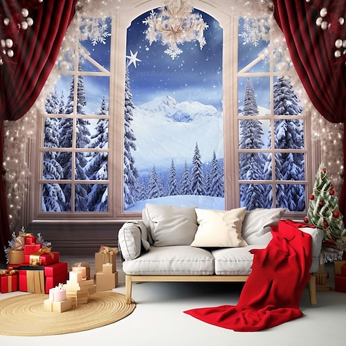 

Weihnachten Fensteransicht hängender Wandteppich Wandkunst großer Wandteppich Wanddekor Fotografie Hintergrund Decke Vorhang Zuhause Schlafzimmer Wohnzimmer Dekoration