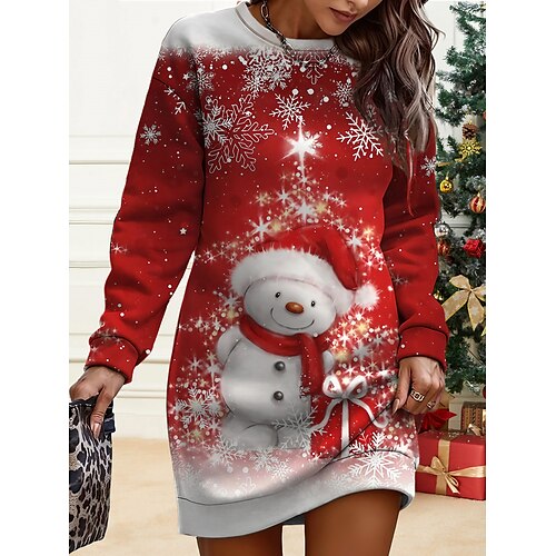 

Women's Christmas Casual Dress Sweatshirt Dress Mini Dress Warm Fashion Outdoor Vacation Crew Neck Print Snowman Snowflake Deer Loose Fit Black Red Burgundy S M L XL XXL