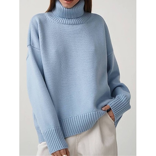 

Mujer Suéter de punto Puente Estriado Tejer Regular De Gran Tamaño Color sólido Cuello Alto Elegante Casual Exterior Diario Otoño Invierno Blanco Azul Piscina Tamaño Único