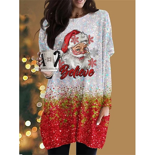 

Damen T Shirt Weihnachts-Shirt Rote Weihnachtsmann Schneeflocke Tasche Bedruckt Langarm Weihnachten Casual Weihnachten Rundhalsausschnitt Regular Fit Farbe Frühling Herbst