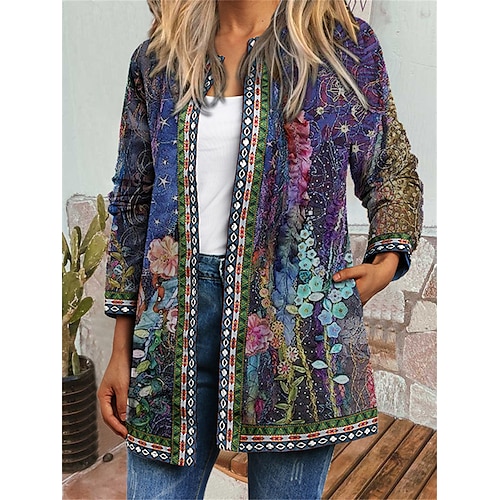 

Women's Casual Jacket Street Daily Wear Vacation Fall Winter Regular Coat Regular Fit Warm Breathable Comtemporary Stylish Casual Jacket Long Sleeve Floral with Pockets Print Purple