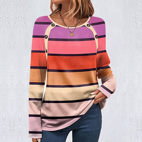 

Femme T shirt Tee Rouge Rayé Bouton Imprimer manche longue du quotidien Fin de semaine Mode Col Rond Standard Peinture Printemps Automne