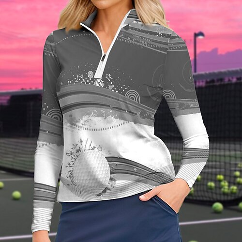 

Damen poloshirt Golfhemd Atmungsaktiv Schnelltrocknend Feuchtigkeitsableitung Langarm Golfbekleidung Golfkleidung Regular Fit Zip Stehkragen Bedruckt Frühling Herbst Tennis Golfspiel Pickleball