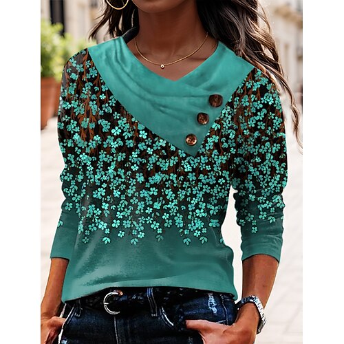 

Damen T Shirt Rote Blau Purpur Blumen Taste Bedruckt Langarm Festtage Wochenende Modisch V Ausschnitt Regular Fit Blume Farbe Frühling Herbst