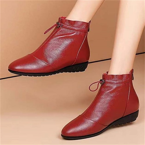 

Mulheres Botas Botas de Neve Tamanhos Grandes Diário Botas Botas Tornozelo Sem Salto Dedo Apontado Felpudo Casual Conforto Couro Ecológico zíper Côr Sólida Preto Vermelho