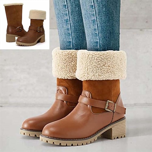 

Mulheres Botas Botas de Neve Coturnos Tamanhos Grandes Ao ar livre Diário Forrada com Fleece Inverno Salto de bloco Ponta Redonda Básico Casual Minimalismo Couro Sintético Mocassim Côr Sólida Preto