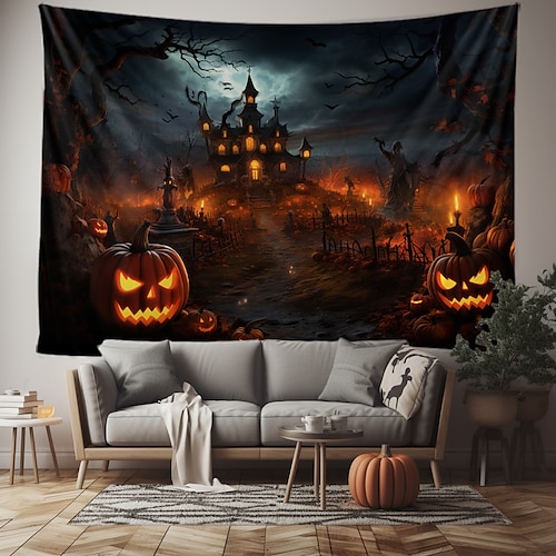  halloween dekorasjoner billedvev jack o lanterne gresskar dekor veggkunst stor hengende billedvev veggmaleri fotografi bakteppe teppe gardin hjem soverom stue flaggermus hjemsøkt hus kirkegård