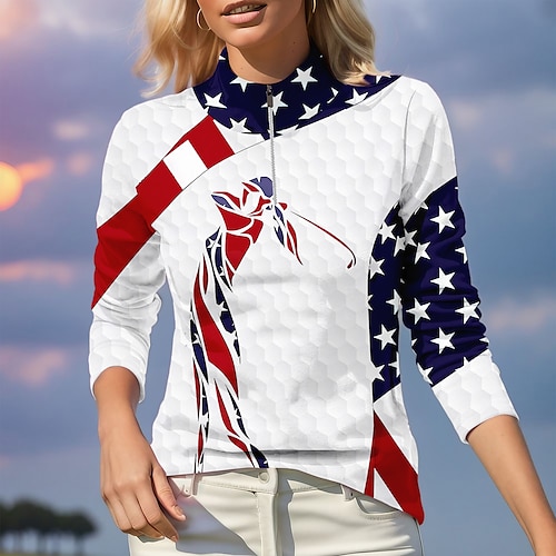 

Femme T-shirt POLO Chemise de golf Respirable Séchage rapide Evacuation de l'humidité manche longue Vêtements de golf Top Standard Zippé Col Montant Drapeau Printemps Automne Tennis Le golf Pickleball