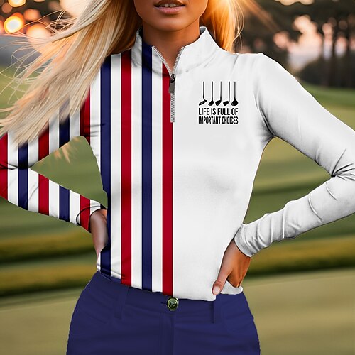 

Women's Polo Shirt Golf Shirt Breathable Quick Dry Moisture Wicking Long Sleeve Golf Apparel Golf Clothes Regular Fit Zipper Stand Collar Stripe Spring Autumn Tennis Golf Pickleball