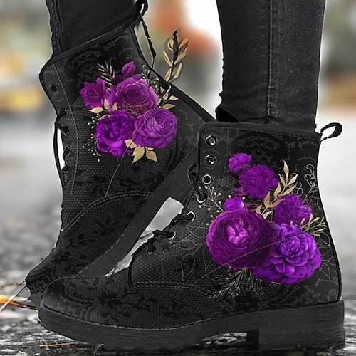 

Femme Bottes Bottes de Combat Bottes Moto Grandes Tailles Extérieur du quotidien Bottines Bottines Boucle Fleur Talon bloc Bout rond Rétro Vintage Classique Décontractées Polyuréthane Fermeture Floral